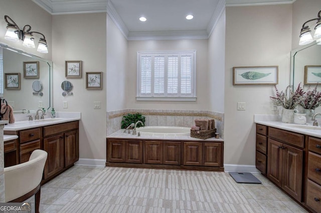 full bathroom with two vanities, a sink, and crown molding