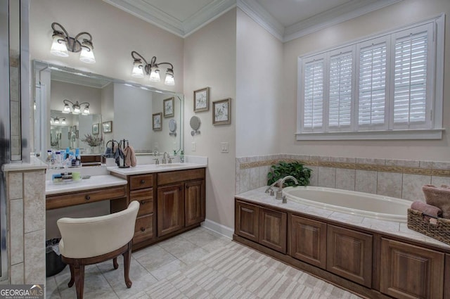 full bathroom with ornamental molding, a garden tub, vanity, and tile patterned floors