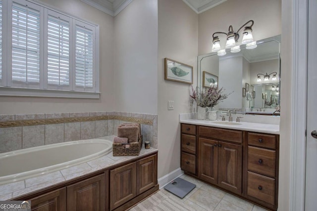 full bathroom with ornamental molding, tile patterned flooring, a garden tub, and vanity