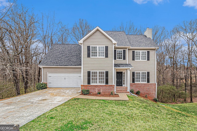 traditional home with a garage, concrete driveway, brick siding, and a chimney