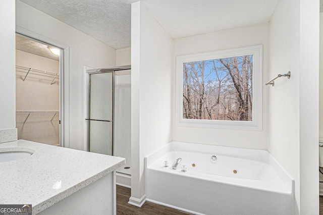 1320 Kay Ter SE, Conyers, GA 30013 - bathroom with wood finished floors, a tub with jets, vanity, a spacious closet, and a shower stall