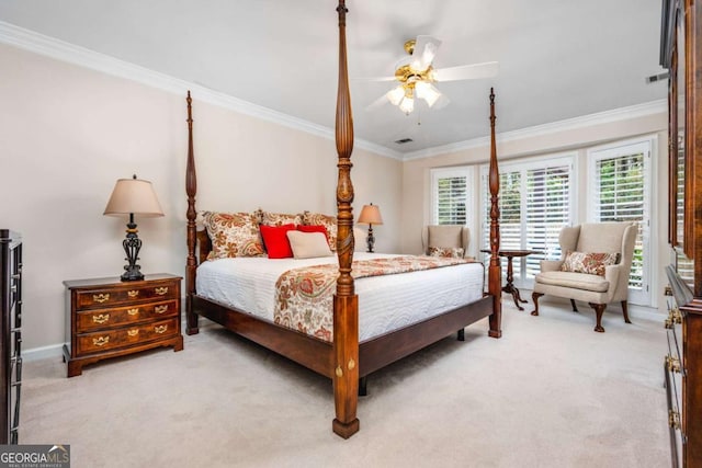 bedroom with light carpet, crown molding, and visible vents