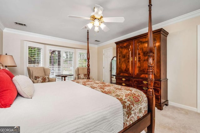 bedroom featuring light carpet, baseboards, visible vents, and crown molding