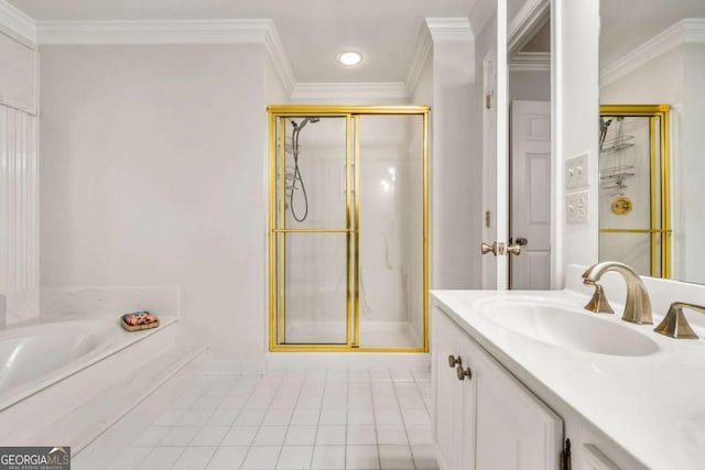 bathroom featuring a stall shower, tile patterned floors, and crown molding