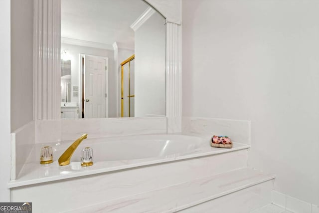 full bath with a shower stall, ornamental molding, and a bath