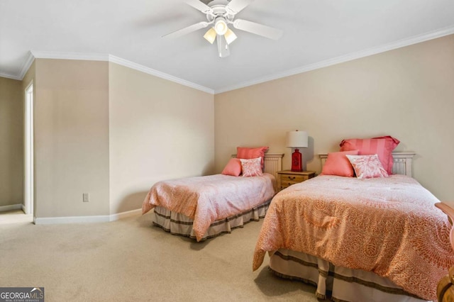 bedroom with carpet floors, ceiling fan, baseboards, and ornamental molding