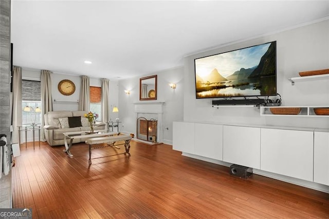 living room featuring a warm lit fireplace and wood finished floors