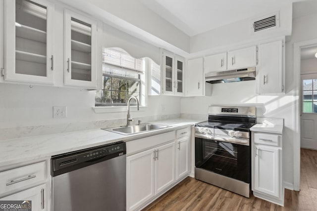 kitchen featuring under cabinet range hood, white cabinetry, appliances with stainless steel finishes, and a sink