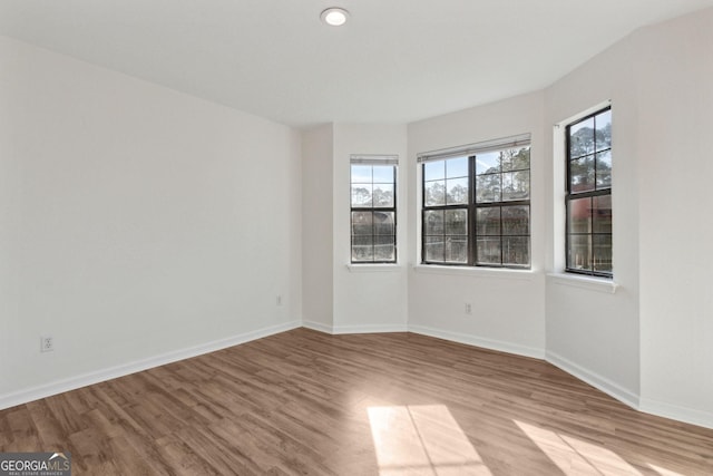 empty room featuring a healthy amount of sunlight, baseboards, and wood finished floors