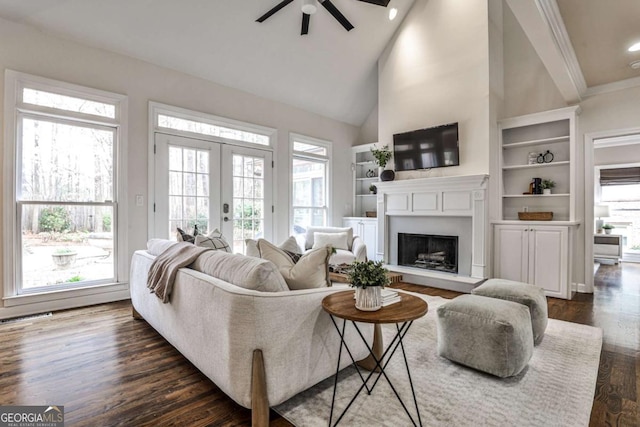 living room featuring dark wood-style flooring, plenty of natural light, french doors, and ceiling fan