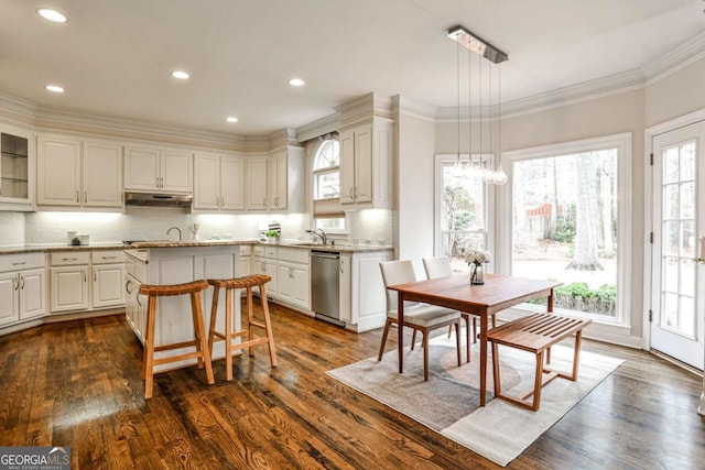 kitchen with ornamental molding, a wealth of natural light, dark wood finished floors, and dishwasher