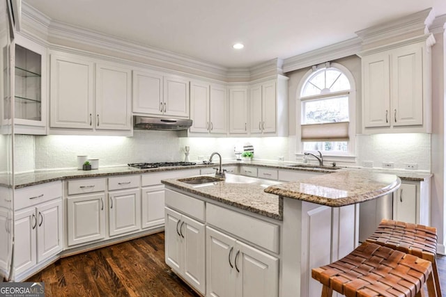 kitchen featuring a sink, white cabinetry, and under cabinet range hood