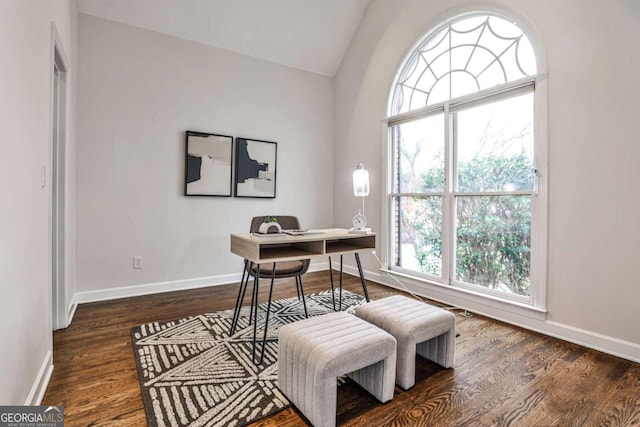 office space featuring lofted ceiling, baseboards, and wood finished floors