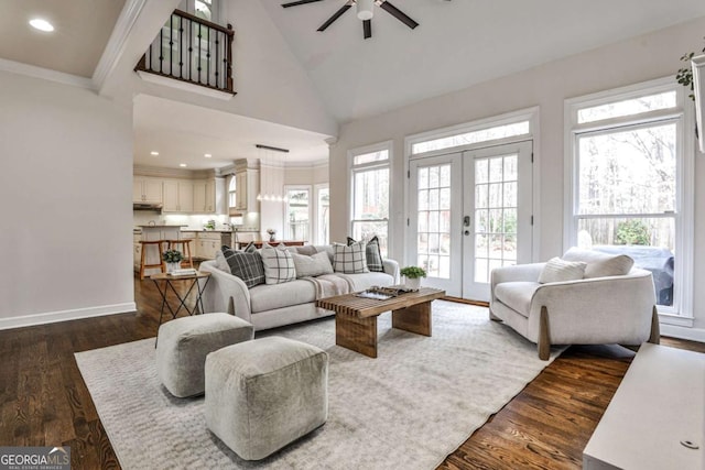 living area featuring baseboards, ornamental molding, dark wood-style flooring, french doors, and high vaulted ceiling