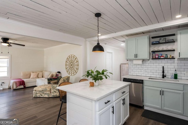 kitchen with dishwasher, wooden ceiling, dark wood-style flooring, crown molding, and a sink