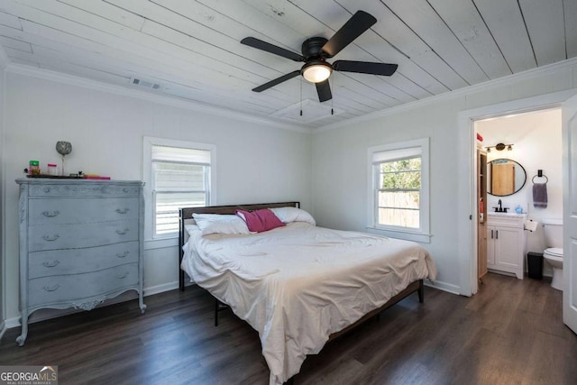 bedroom featuring ornamental molding, dark wood-type flooring, wooden ceiling, and visible vents