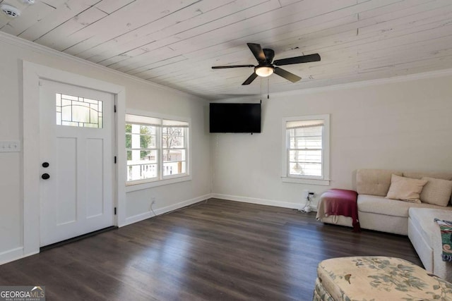 entryway with ornamental molding and dark wood-style flooring