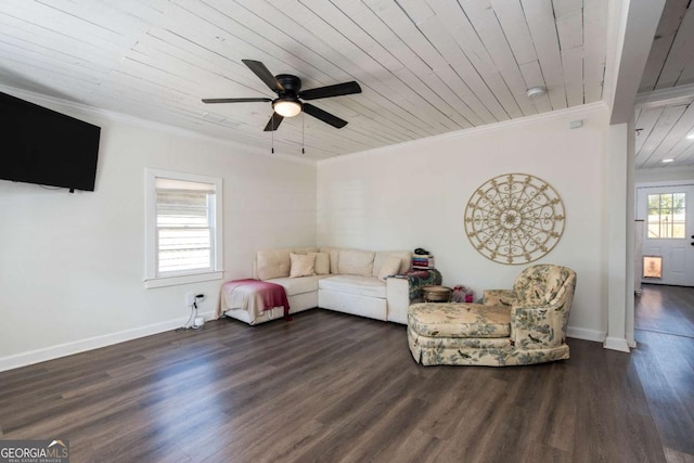 living room featuring dark wood-style floors, ornamental molding, wood ceiling, and baseboards