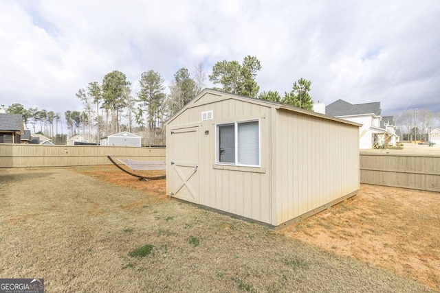 view of outbuilding with an outdoor structure and a fenced backyard