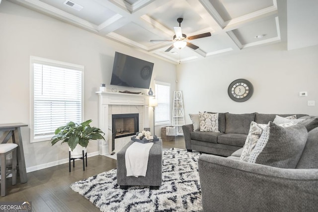 living room featuring coffered ceiling, a fireplace, wood finished floors, visible vents, and a ceiling fan