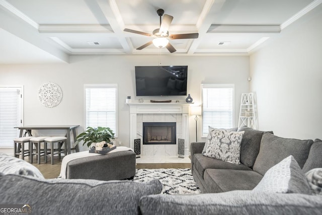 living area featuring ceiling fan, a fireplace, coffered ceiling, wood finished floors, and beam ceiling