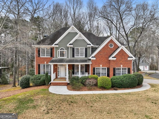 view of front of home with a porch, brick siding, and a front lawn