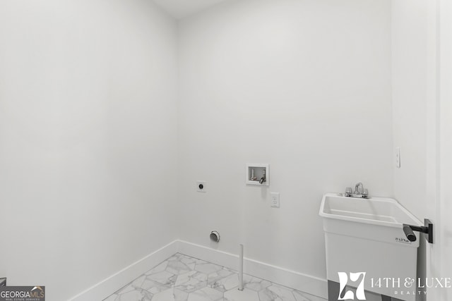 washroom with washer hookup, marble finish floor, electric dryer hookup, laundry area, and baseboards