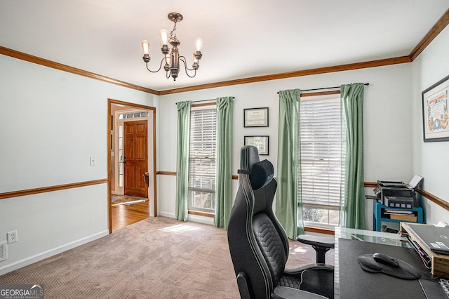 carpeted office space featuring baseboards, an inviting chandelier, and ornamental molding