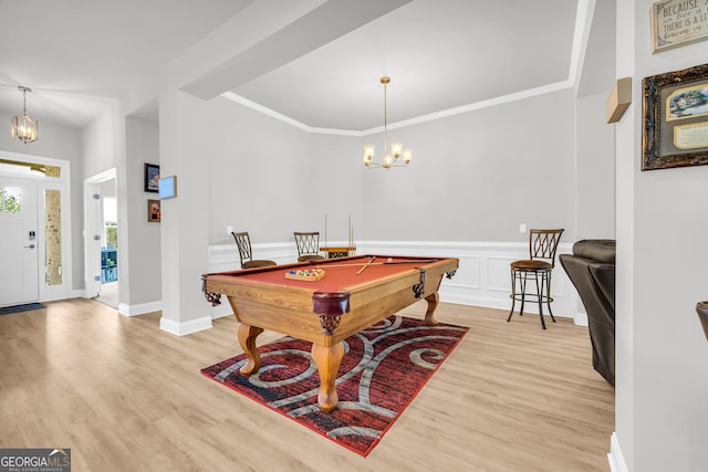104 Eagle Heights Dr, Maysville, GA 30558 - playroom featuring a wainscoted wall, a chandelier, ornamental molding, light wood-style floors, and pool table