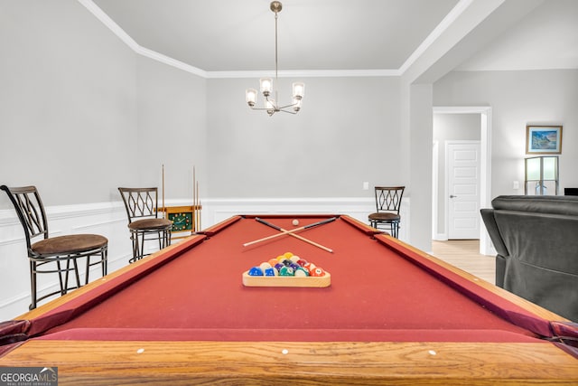 104 Eagle Heights Dr, Maysville, GA 30558 - game room with a notable chandelier, pool table, wainscoting, and ornamental molding