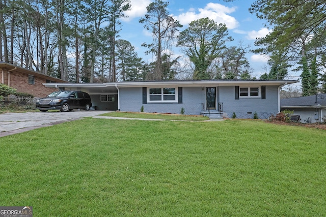 ranch-style home with driveway, crawl space, a front yard, a carport, and brick siding