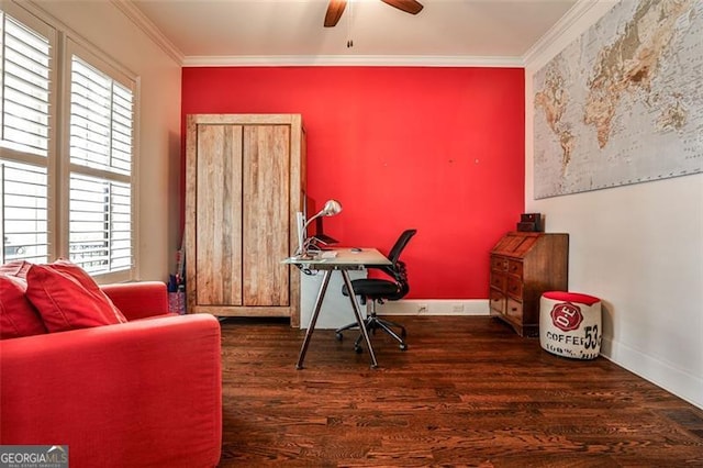 office with ornamental molding, ceiling fan, baseboards, and wood finished floors