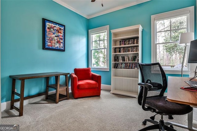 office space featuring baseboards, carpet flooring, a ceiling fan, and crown molding