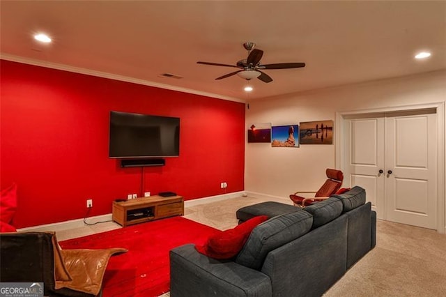 living area with baseboards, visible vents, a ceiling fan, carpet flooring, and recessed lighting