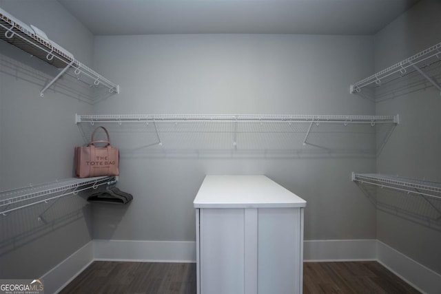 walk in closet featuring dark wood finished floors