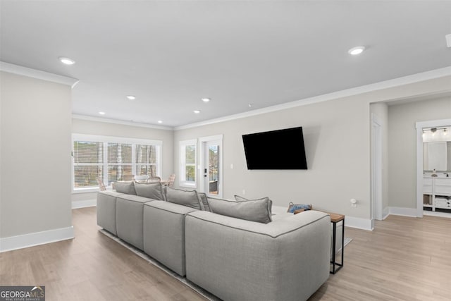 living area with baseboards, a healthy amount of sunlight, light wood-style flooring, and crown molding