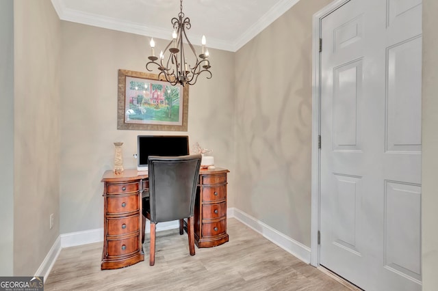 home office with light wood-type flooring, crown molding, baseboards, and an inviting chandelier