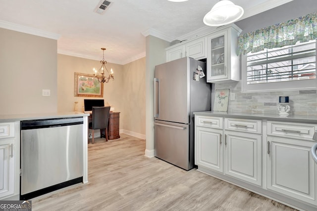 kitchen with stainless steel appliances, visible vents, glass insert cabinets, white cabinetry, and light wood-type flooring