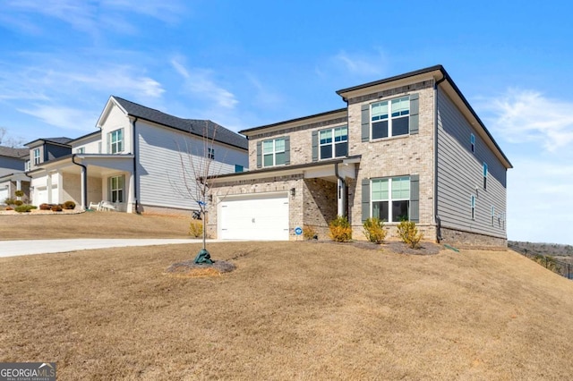 view of front of property featuring driveway, brick siding, and an attached garage