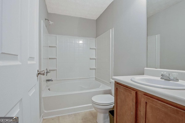 full bath featuring a textured ceiling, shower / bathtub combination, toilet, vanity, and tile patterned floors