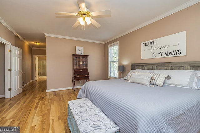 bedroom with light wood-type flooring, ceiling fan, baseboards, and crown molding