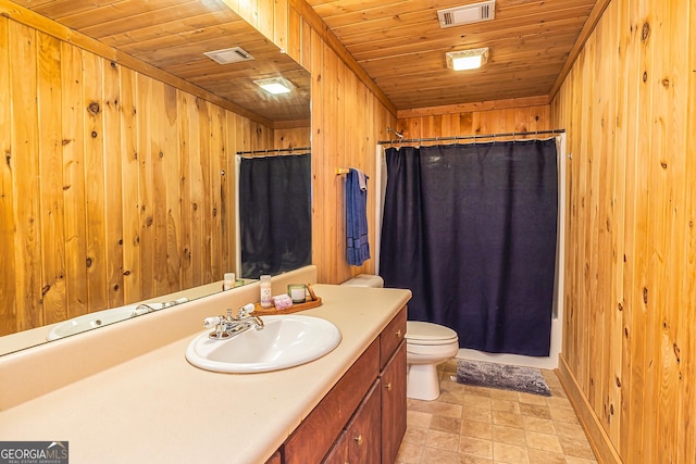 full bath featuring wood ceiling, toilet, wood walls, and visible vents