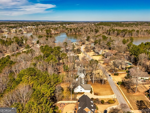 bird's eye view with a water view and a view of trees