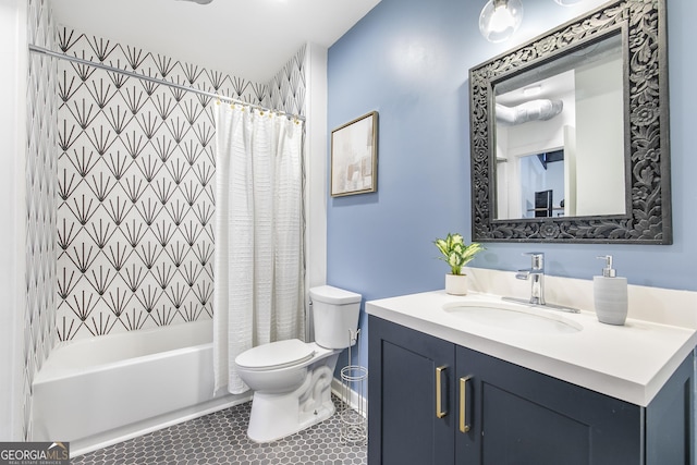 bathroom featuring shower / tub combo, tile patterned flooring, vanity, and toilet