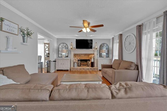 living room featuring ceiling fan, ornamental molding, a fireplace, and wood finished floors