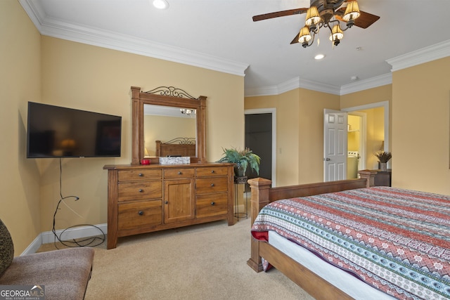 bedroom featuring light carpet, crown molding, recessed lighting, and baseboards