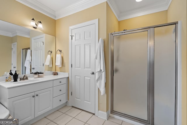 full bath featuring ornamental molding, tile patterned flooring, a shower stall, and vanity