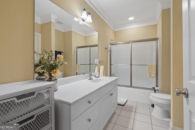 full bath featuring visible vents, toilet, ornamental molding, tile patterned flooring, and vanity