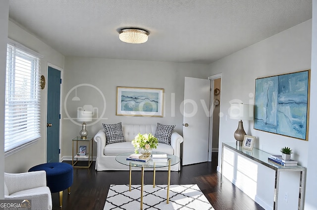 living area featuring a textured ceiling, baseboards, and dark wood-type flooring