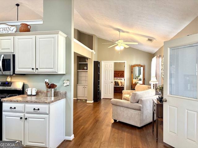 kitchen featuring visible vents, lofted ceiling, dark wood-style floors, stainless steel appliances, and a textured ceiling